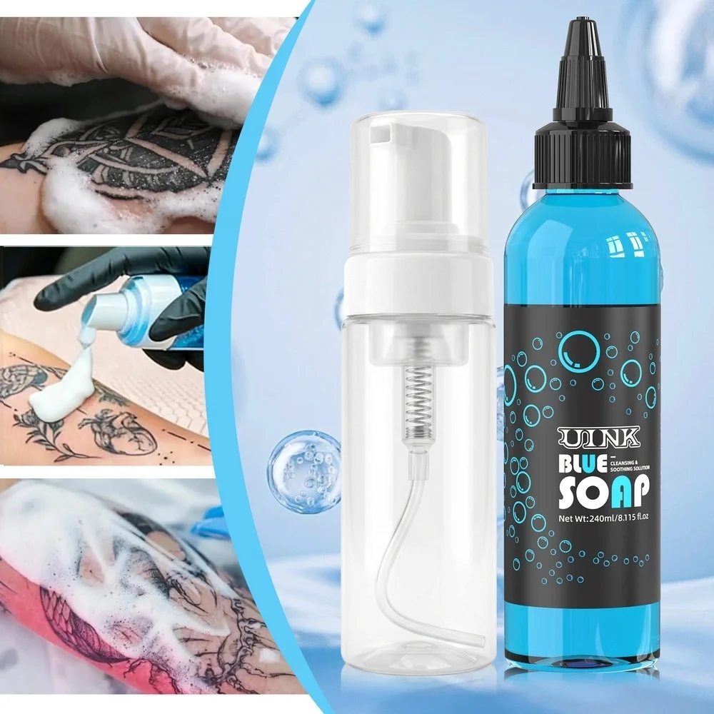 DQFART UINK Blue Soap Tattoo Cleaning Products 240ml/8.115fl.oz Mousse Bottle Safe Professional Artists Supplies Designs