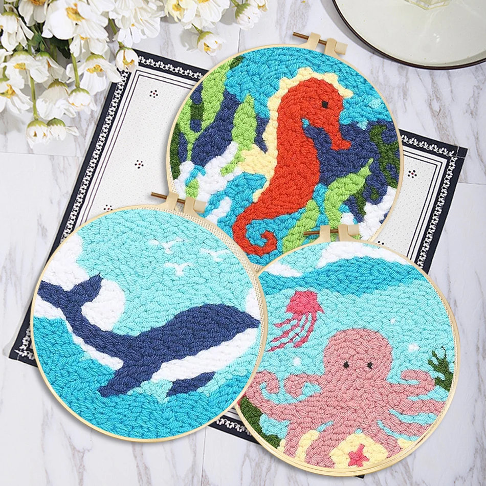 

CHENISTORY Cute Cartoon Marine Animal Punch Needle Embroidery Kit for Beginners Soft Yarn Needlework Embroidery Set Home Decor
