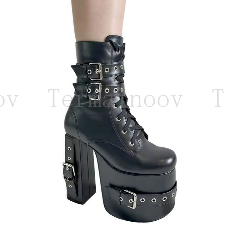 

Women Sexy Fashion Ankle Boots Platform Shoes Chunky Heel Short Boots Round Toe Strap Buckle Zipper Circle Punk Goth Dance Boots
