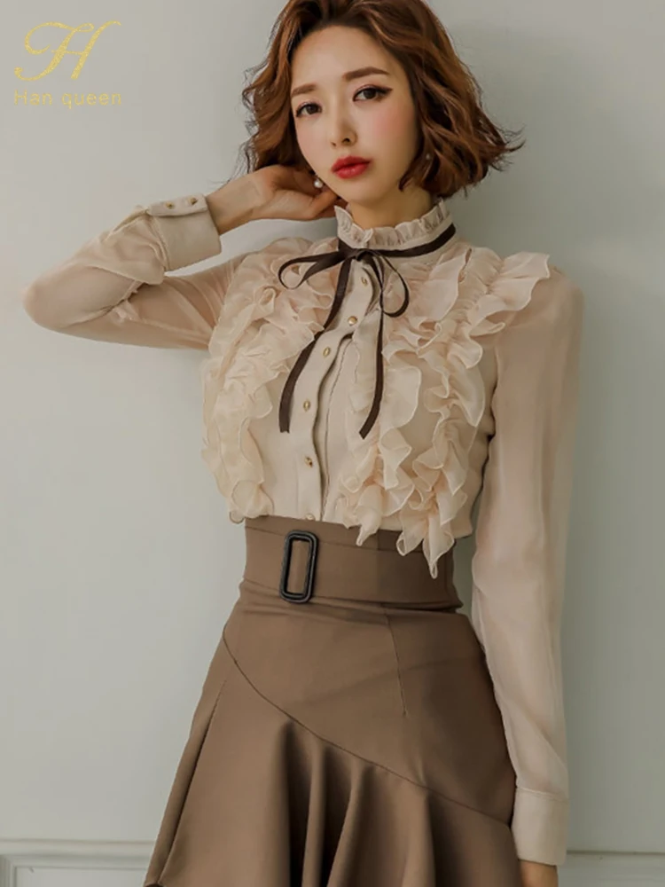 H Han Queen Hot Sales Women Spring Casual 2 Pieces Set Single-Breasted Ruffles Tops + Simple Mermaid Skirt Korean Skirt Suit