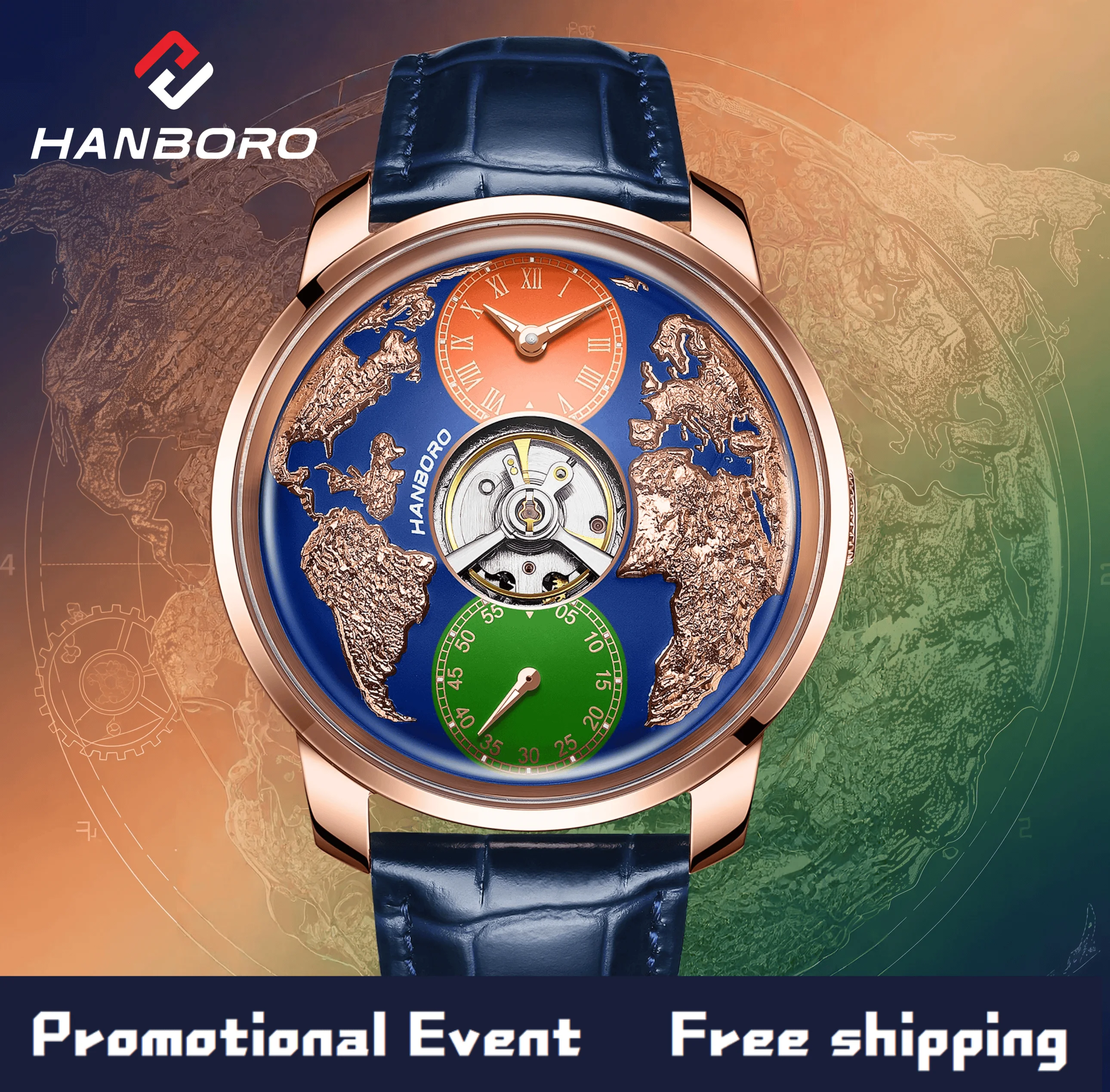 HANBORO World Time Series Herren Vollautomatische Mechanische Uhr mit Hohlem Schwungrad Welt-Erdkugel Persönlichkeitsuhr 1026