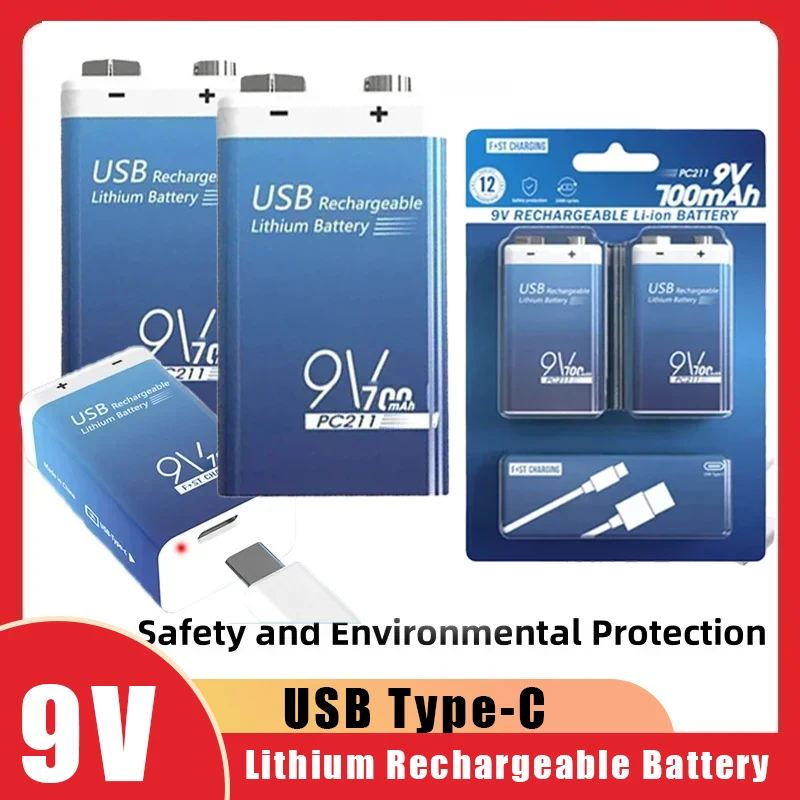 

New 9V Lithium Rechargeable Battery USB Type-C For Smoke Alarm Smoke Detector Multimeter Lithium Microphone And Metal Detector
