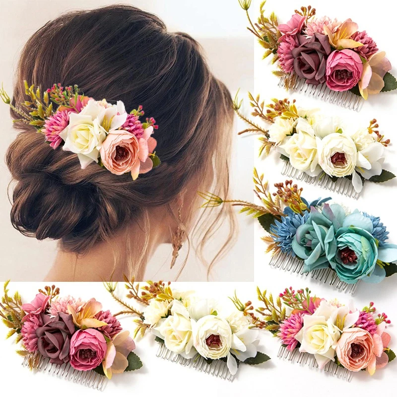 

Bohemia Brides Wedding Flower Hair Comb Hairpin Bridesmaid Headdress Hair Combs Hair Accessories For Women Girls Floral Hairpins
