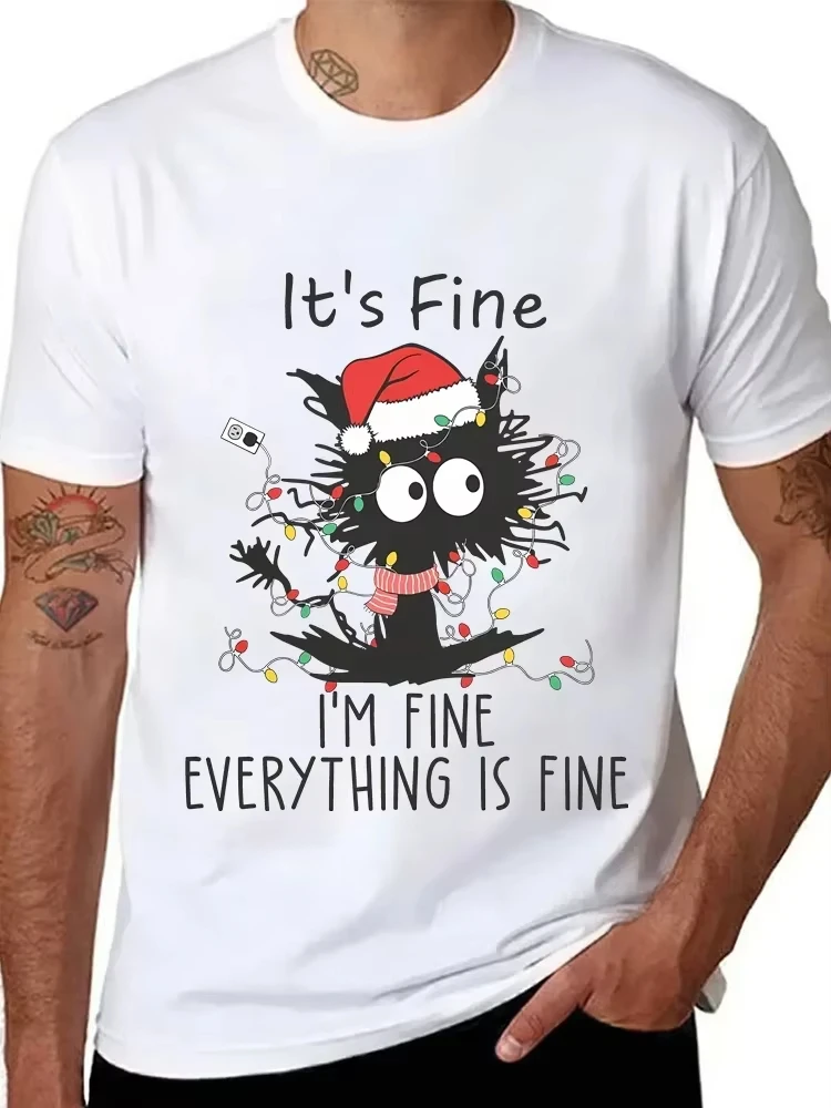 

Its Fine I'm Fine Everything Is Fine Black Cat T-shirts Women Men Sweetshirts Christmas Lights Merry Christmas Harajuku Tee Tops