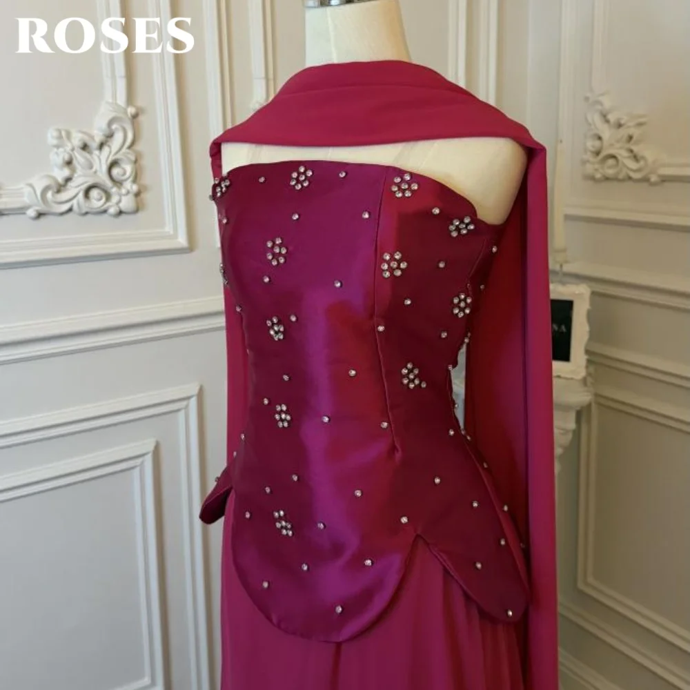 

ROSES Атласное вечернее платье цвета фуксии, платье для выпускного вечера без бретелек с шарфом и складками, свадебное вечернее платье, robes de soirée по индивидуальному заказу