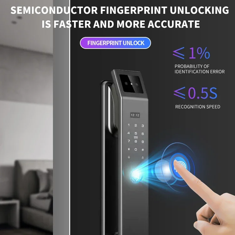 Smart Fingerprint Digital Door Lock com Câmera, Reconhecimento Facial, WiFi, APP, Senha, Cartão, Facial