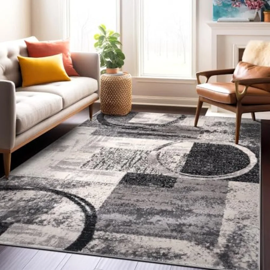 

Contemporary circle design area rug with jute backing for living room, bedroom, or dining roomcream color, 5'3 x 7'3, durable a