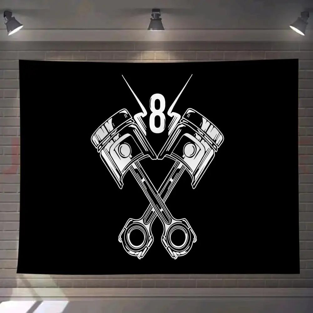 

V8 Engine Mechanical Logo Tapestry Custom Living Bedroom Party Dormitory Interior Wall Bohemian Decoration Attached Clip