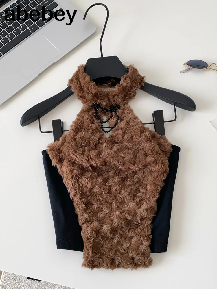 Turtleneck Fur Sexy Club Tank Top Women Fashion Bow Sleeveless Chic Camisole Streetwear Korea Fluffy Backless Mini Top