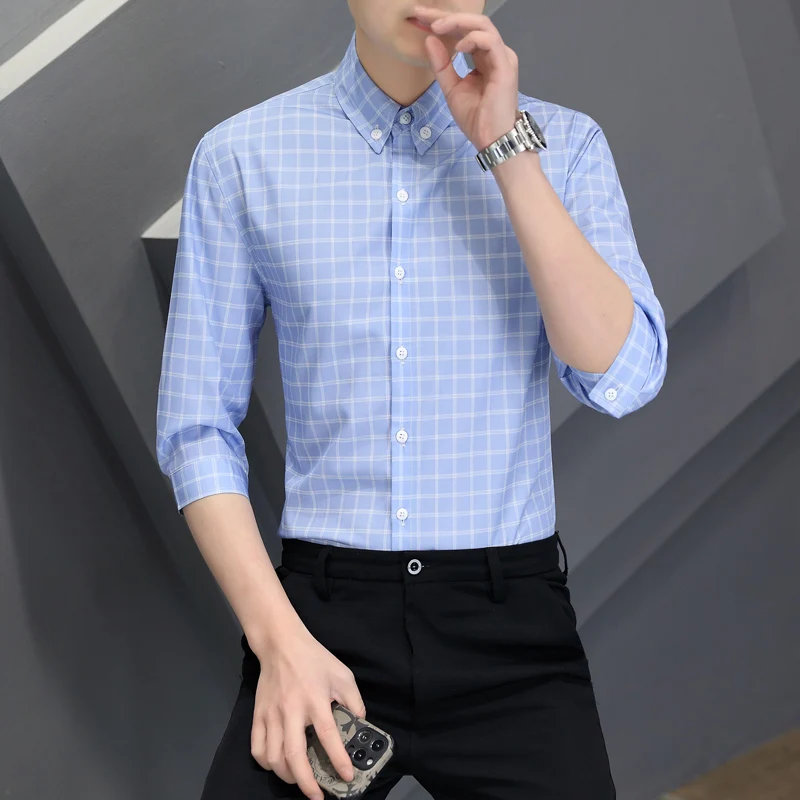 Men's Summer Shirts Stand-up Collar Five-point Mid-sleeve Shirt plaid Print Loose Top Casual Thin Soft Blouse