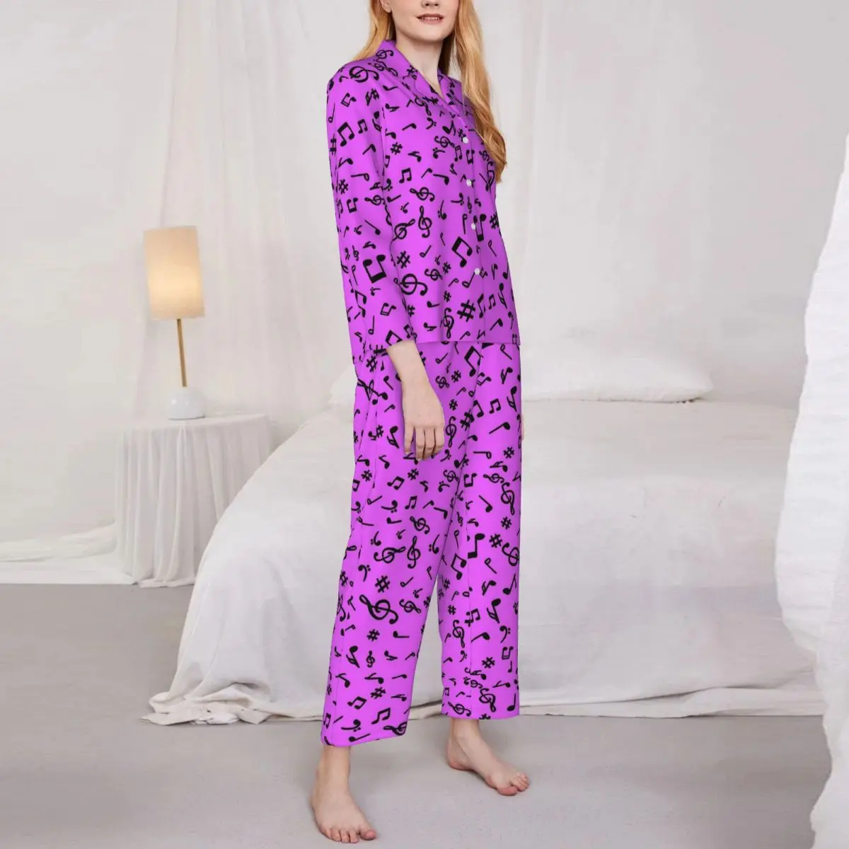 Music Notes Pajama Set Autumn Purple And Black Warm Bedroom Sleepwear Womens 2 Pieces Loose Oversize Pattern Nightwear Gift Idea