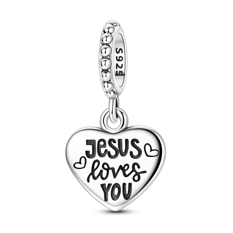 

925 Sterling Silver Charms Bead Jesus Loves You Engraving Pendants Fit Original Bracelet DIY Jewelry Gift