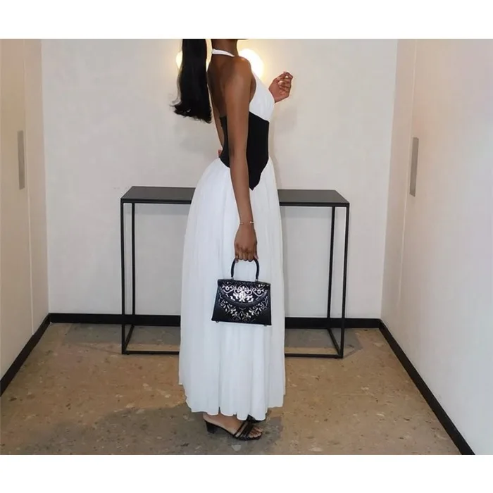 Elegant Women's Dress 2025 Summer Fashion Sexy V-neck Hanging Neck Color Blocked Splicing Waist Cinching Sleeveless Long Skirt