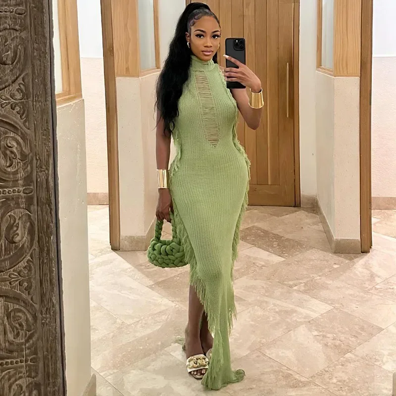 

Women Turtleneck Sleeveless Split High Stretch Bodycon Party Clubwear Vestido Hollow Out Knitted Tassel Holiday Beach Maxi Dress