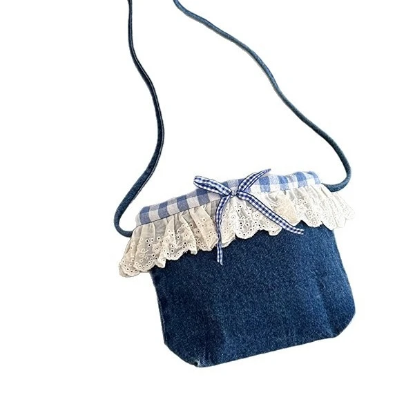 Korean children's cute lace lace washed denim bag for travel versatile coin purse single shoulder diagonal cross bag