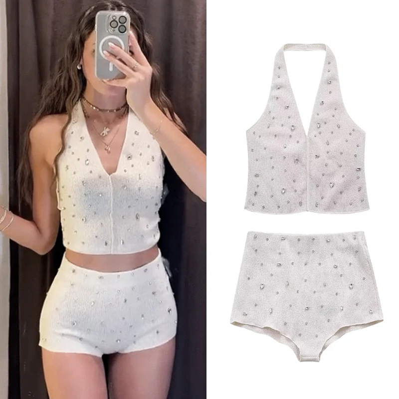 TRAF White Knitted Two Piece Set Backless Halter Short Women Top And High Waist Lady Shorts 2024 Summer Fashion Elegant Lady Set