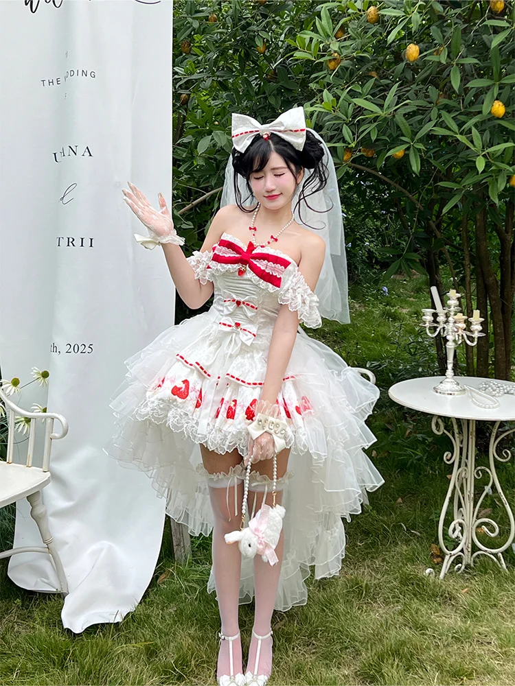 スイートウェディングドレス レディース ハイウエスト スリム スイートボウ チューブトップ + ロングスカート セット プリンセススタイル ストロベリープリント ロリータドレス