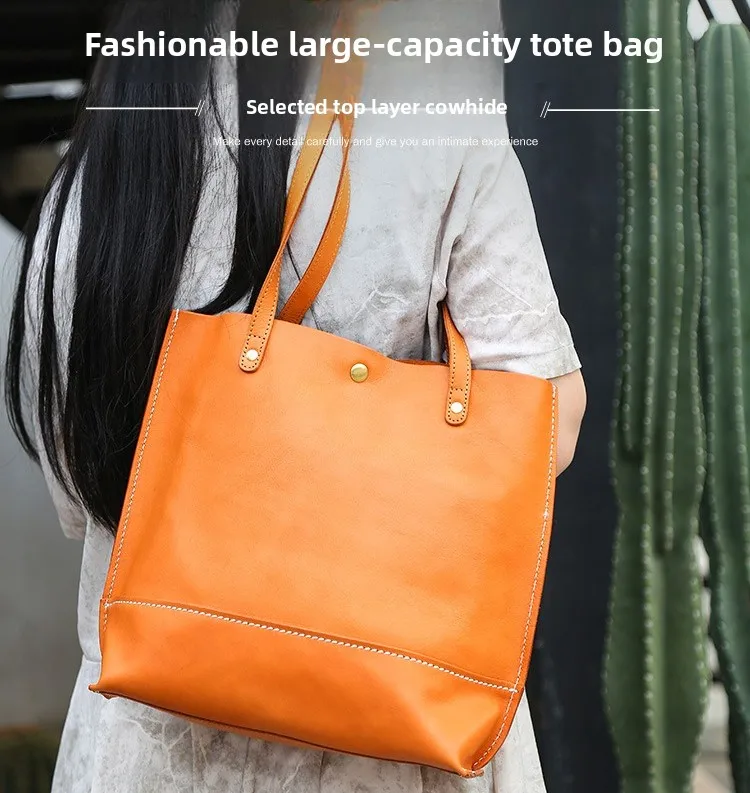 

Real leather vertical square tote bag women's large capacity commuter tote simple underarm shoulder bag
