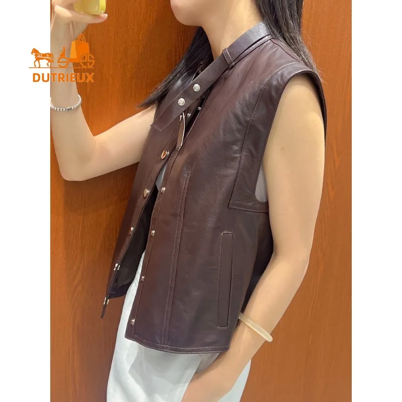 Autumn Women's Small Stand-up Collar Pocket Real Leather Vest, 100% Genuine Sheepskin Dignified Noble Intellectual Gentle Coat