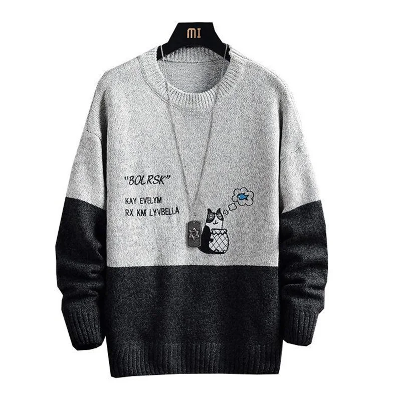 Fashion O-Neck Knitted Spliced All-match Embroidery Sweater Men's Clothing 2023 Autumn New Casual Pullovers Loose Korean Tops