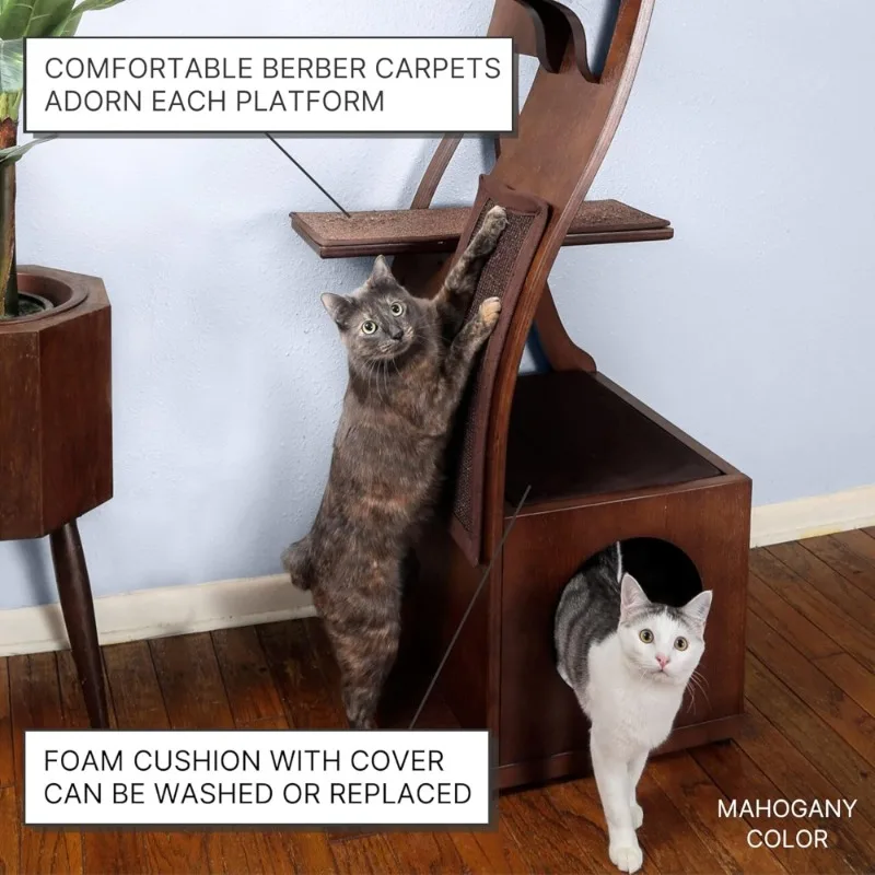 شجرة قطط حديثة متعددة المستويات مع عمود خدش للتسلق، حجرة مبطنة للقطط الداخلية باللون الرمادي الدخاني #2