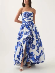 Sexy Strapless Printed Split Deign Long Bubble Dress Women Sleeveless Backless High Waist Patchwork Folds Dresses Evening Party