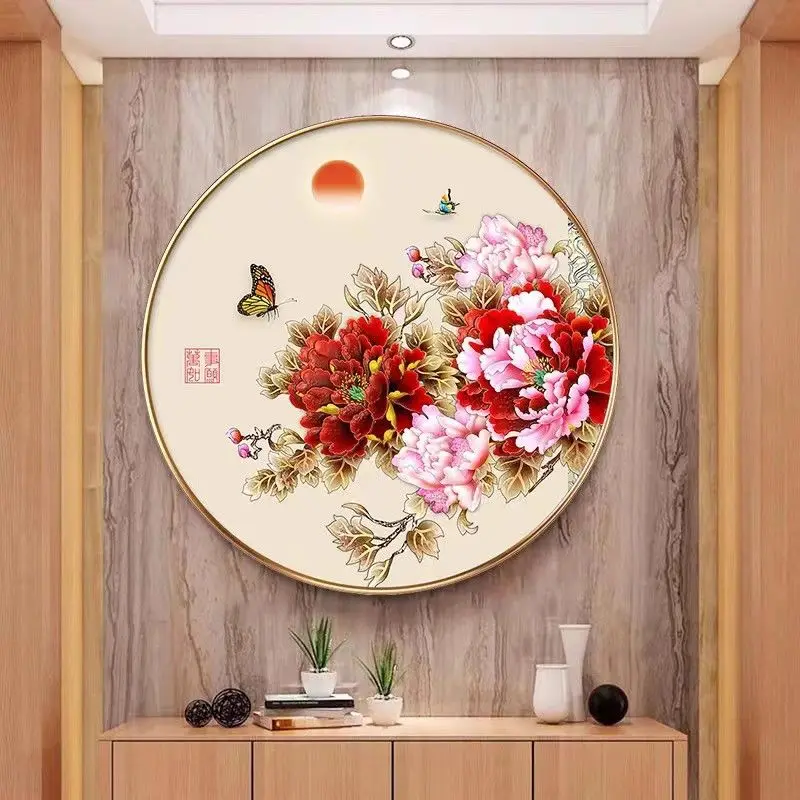 

A handmade cross stitch product with blooming flowers, rich and noble circular peony scenery, living room, bedroom decoration,