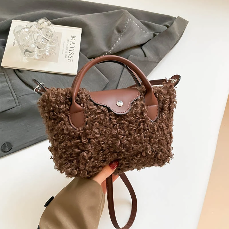 

Women's Plush Shoulder Bag Ladies Warm Fabric Handbag Winter Day Clutch Mini Small Tote Cute Lamb Like Cloth Purse