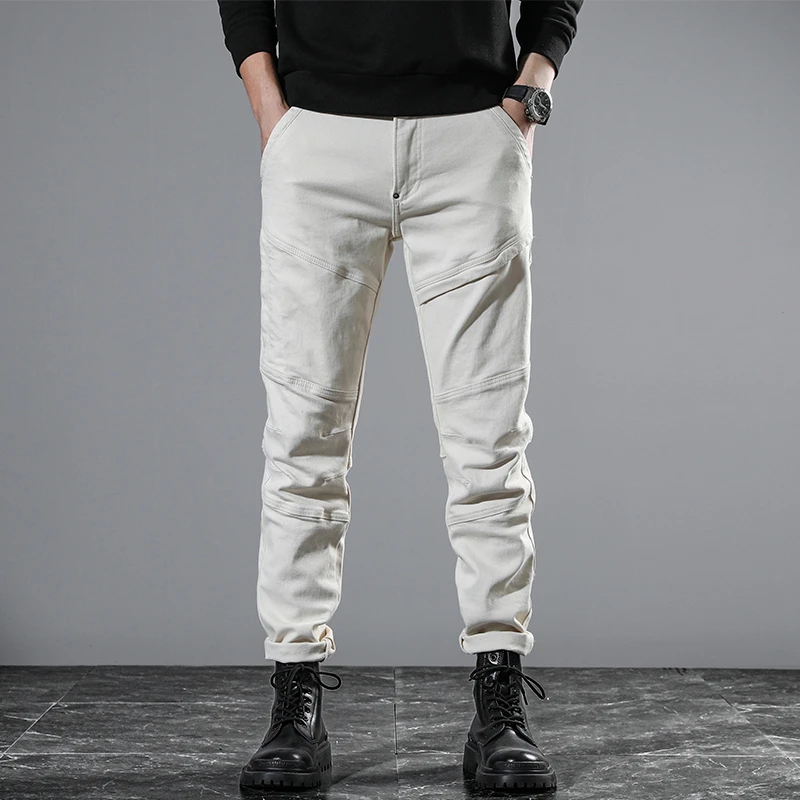 

JXNS89 Europe and the United States splicing white casual jeans men's trend personality gangster handsome zip decoration Slim