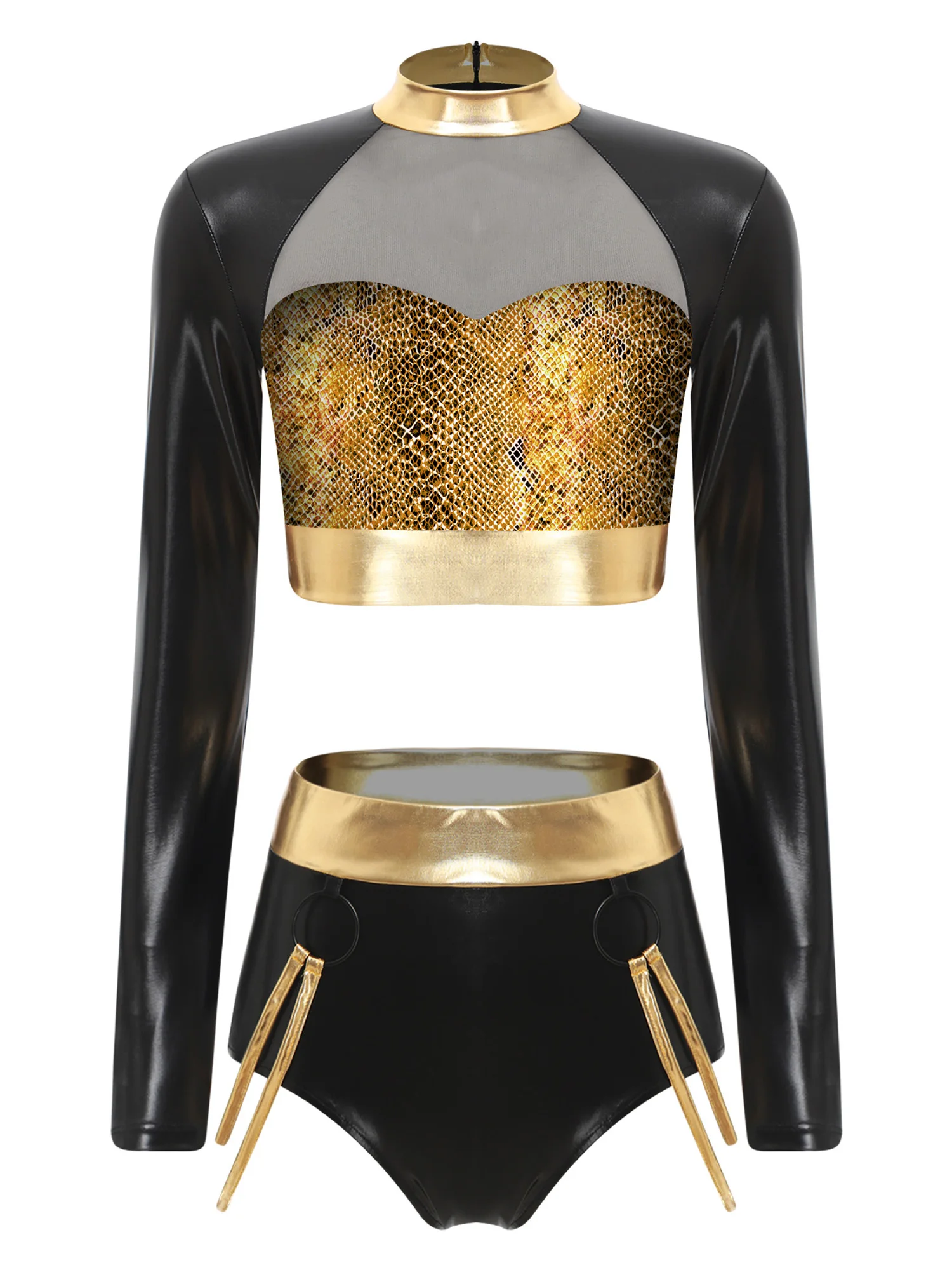 

Женские комплекты из 2 предметов для латинских танцев, блестящие укороченные топы со змеиным принтом металлик и шорты с длинными рукавами и шорты на бретелях для Raves Party