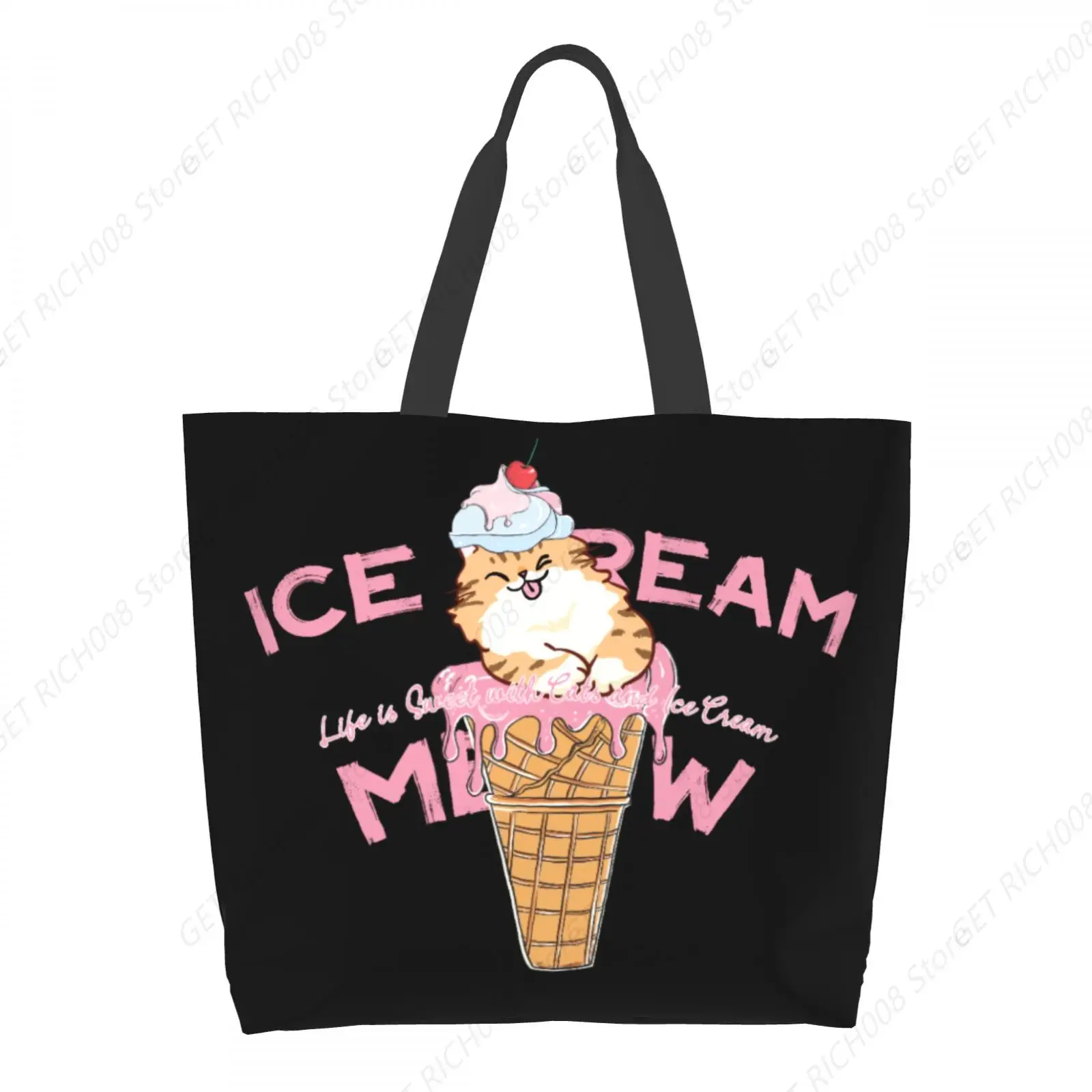 

Ice Cream Meow Cat Cute Design Shoulder Shopping Women Hand Bag One Size No Zipper Office Picnic Work