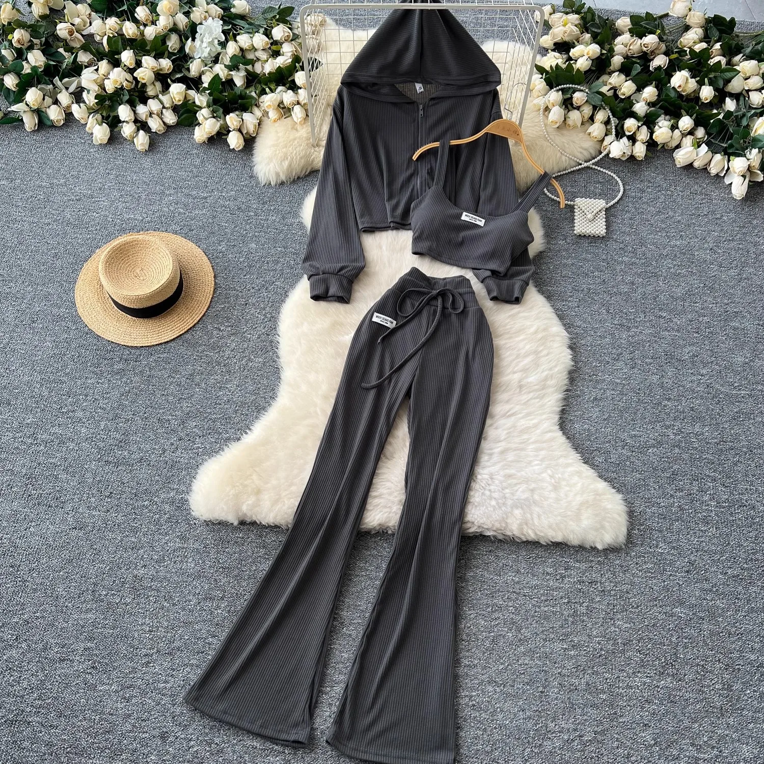 

Sportswear Women's Three Piece Set 2025 Autumn Simple Base Camisole Vest long Sleeved Hooded Jacket micro Flared Casual Pants