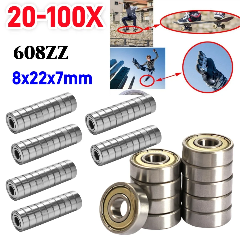 20-100x 608ZZ Ball Bearings Double Shielded Miniature 608 ZZ Deep Groove Ball Bearing Single Row Bearings Skateboard 8x22x7mm
