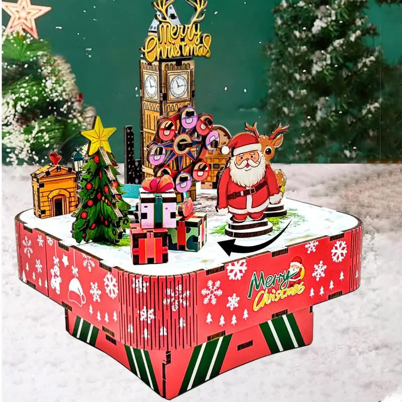 Christmas Puzzle Music Box 3D Wooden Castle Model Assembly Puzzles Building Toy Construction Toys Wooden Ornaments for Home Kids