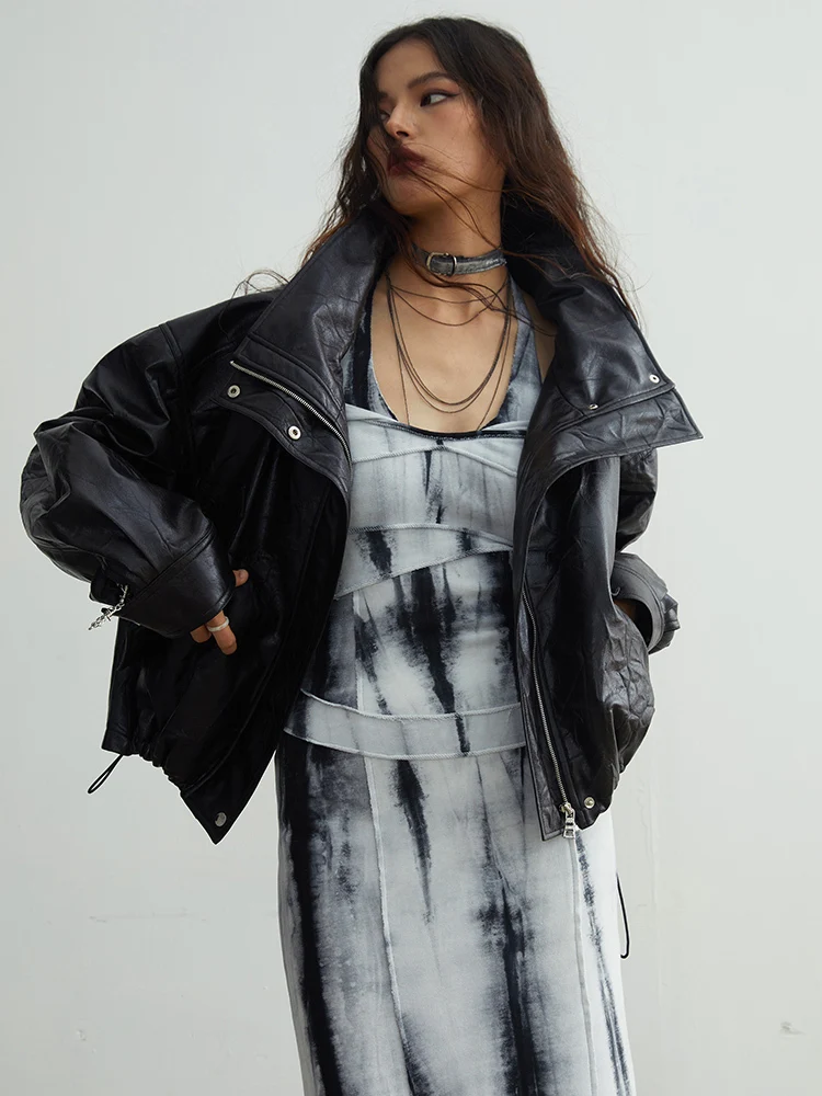 [EAM] Black Big Size PU Leather Jacket New Removable Fur Collar Long Sleeve Women Coat Fashion Tide Spring Autumn 2026 1DH2121