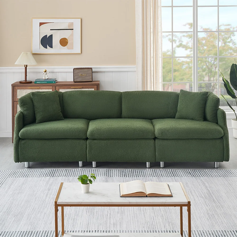 95.3-Inch The And Comfortable Three-seater Sofa Made of Teddy Fabric With Two Cushions Is Perfect For A Modern Living Room