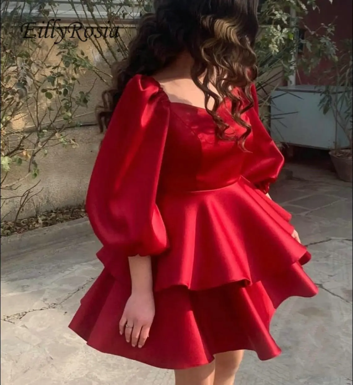 

EillyRosia Dark Red Short Homecoming Dresses for Party Satin Ruched Three Quarter Sleeves Short Prom Gowns Girls vestidos curtos