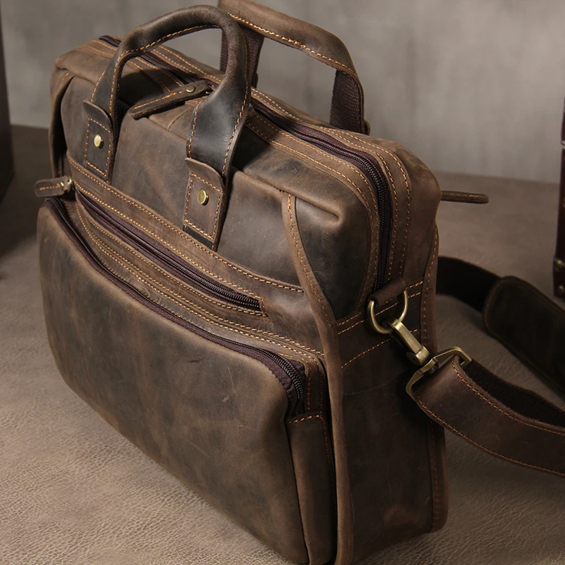 Maletines de cuero genuino para hombre, maletín de diseñador hecho a mano de cuero de vaca, bolso de hombro cruzado Vintage para ordenador portátil