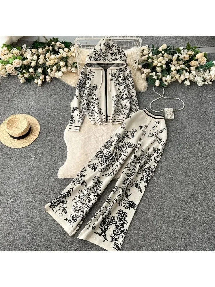 Vintage Print Knit 2 Piece Sets Women Casual Knitwear Hooded Zipper Sweatshirts Coats Conjunto High Waist Wide Leg Pants Suits