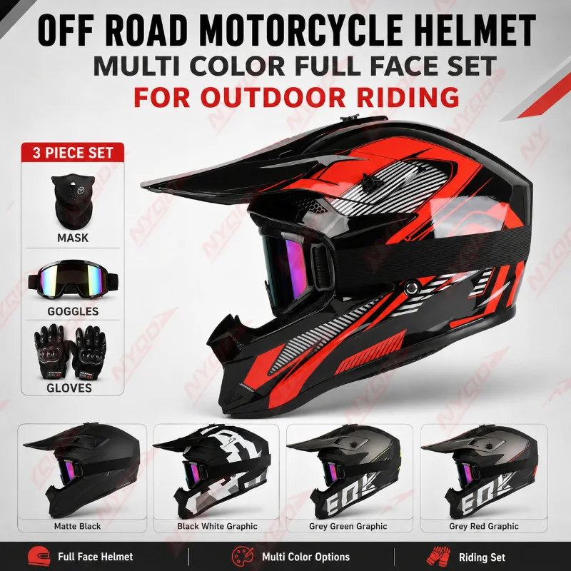 Off Road Motorcycle Helmet Set Full Face Motocross Helmet With Goggles Mask Gloves For Men Women Outdoor Riding