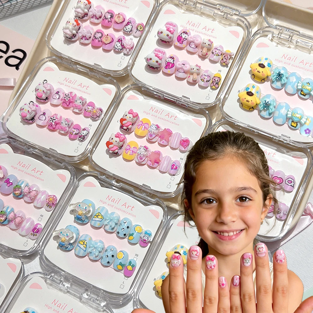 

12pcs Kids Cartoon Hello Kitty Press on nails 3D Stereo Kuromi My Melody Cinnamonroll Cute Fake Nails Children Girl False Nails#