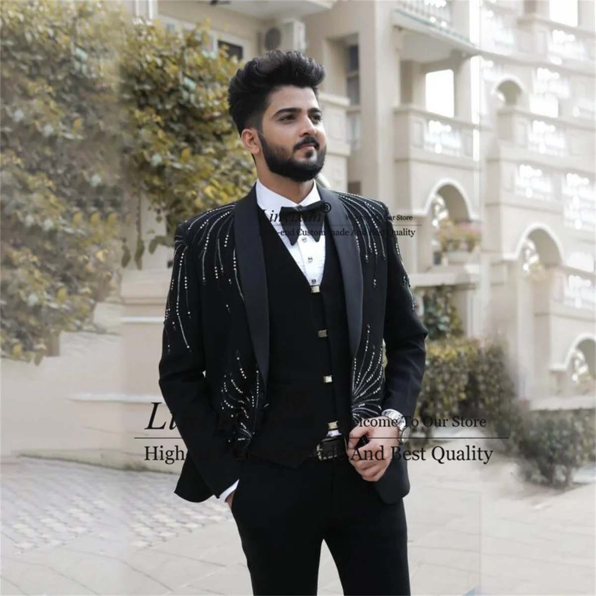 

Luxury Beaded Mens Suits For Wedding 3 Pieces Outfit Groom Tuxedos Formal Male Prom Blazers Vest Pants Sets Slim Terno Masculino