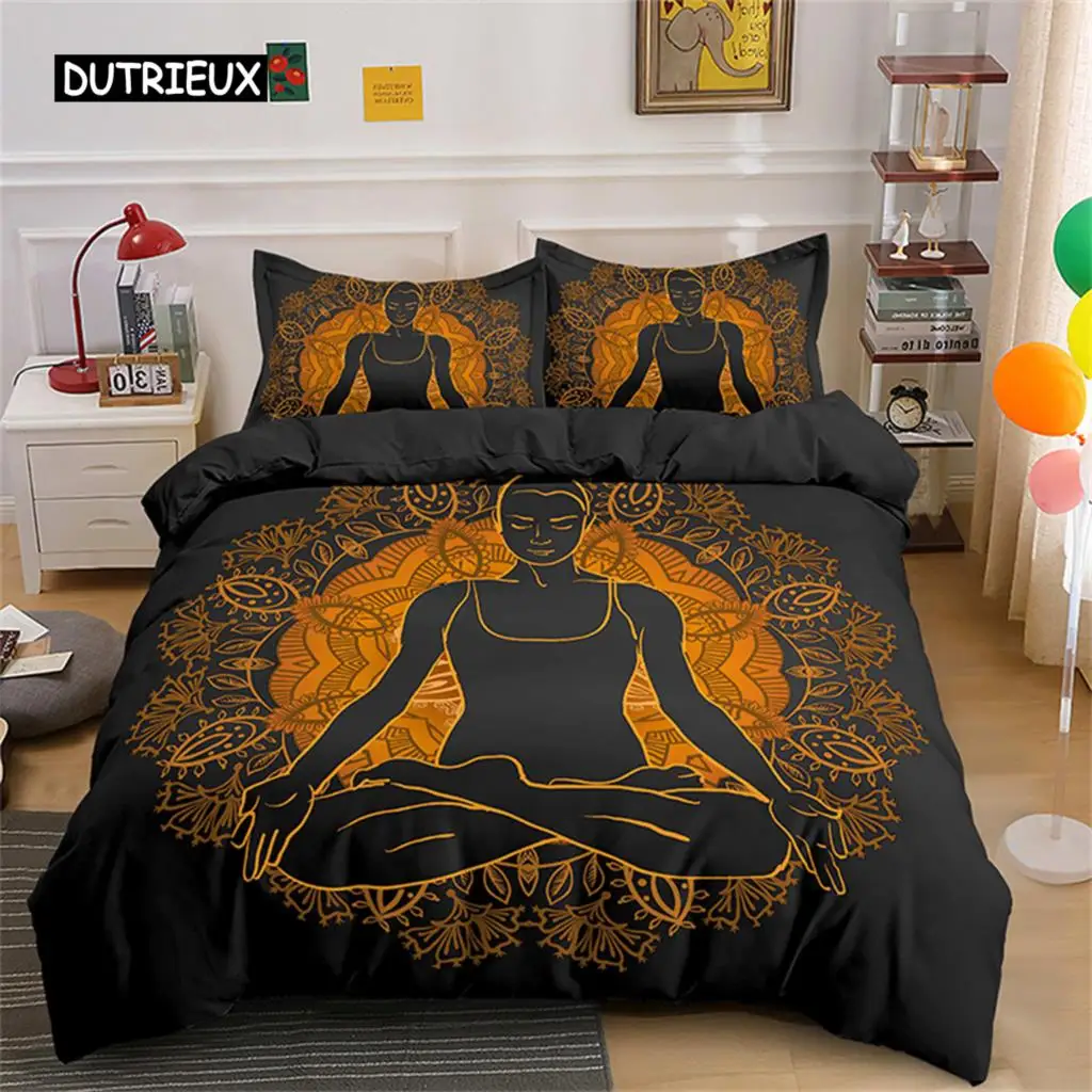 Gold Meditation Bedding Sets Comforter Covers Yoga Buddha Duvet Cover Set With Pillowcase Mystery Theme For Bedroom Decoration