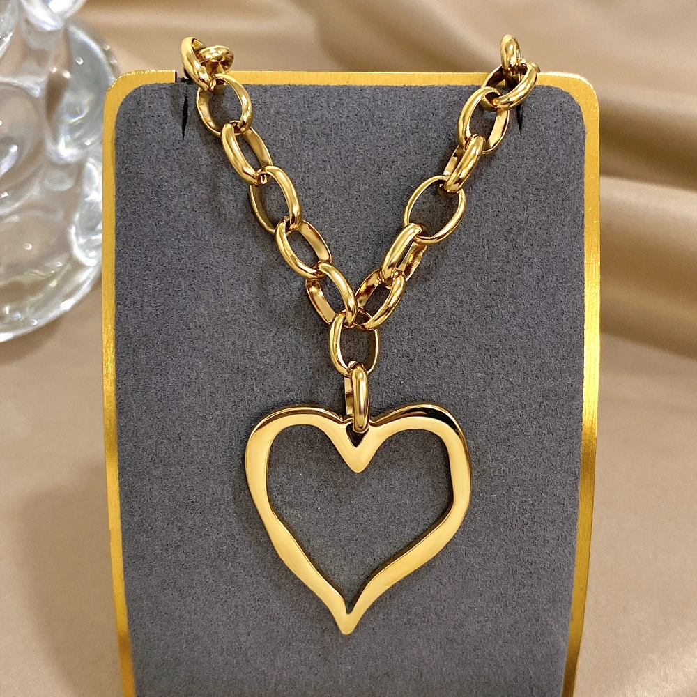 316L Edelstahl Gold Silber Farbe Halskette für Frauen Glänzend Punk Große Hohle Herz Anhänger Halsketten Valentinstag Geschenke – Detail 4