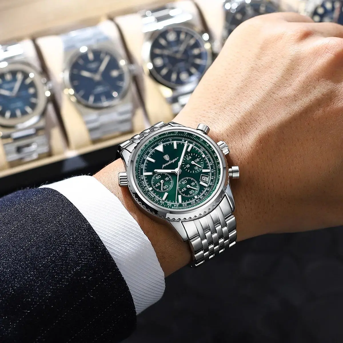 POEDAGAR Luxury Business Men's Watch Stainless Steel Chronograph Date Sport Quartz Man Clock Waterproof Luminous Military Watches For Men