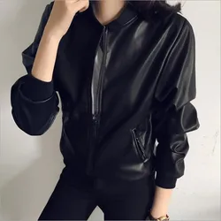 Women's PU Leather Zipper Slim Moto Biker Jacket Fashion Windproof Thermal Coat Spring Autumn