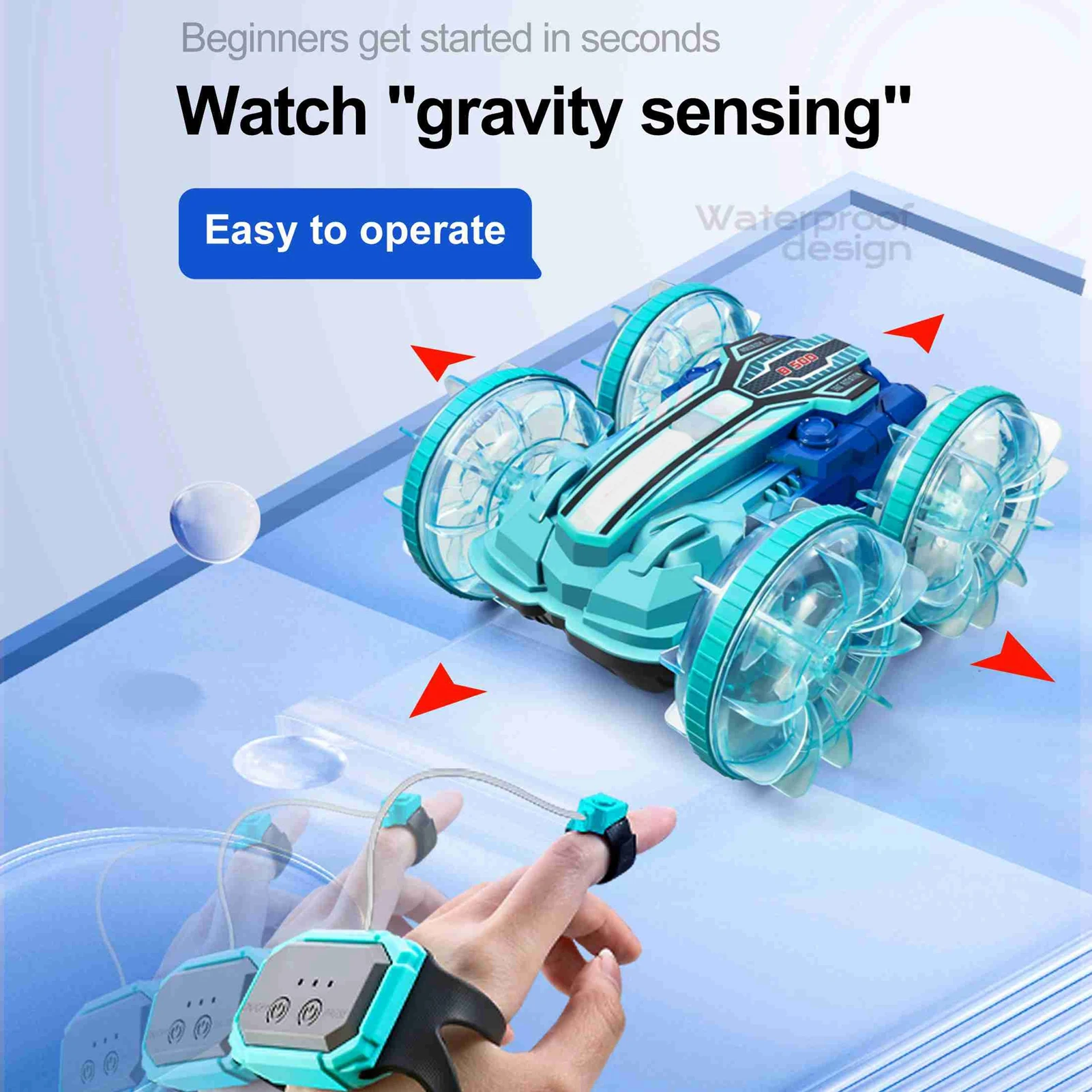 

Remote Control Car Boat Gesture Sensing RC Waterproofing Stunt 4WD Water All Terrain Beach Pool Toys with LED Lights