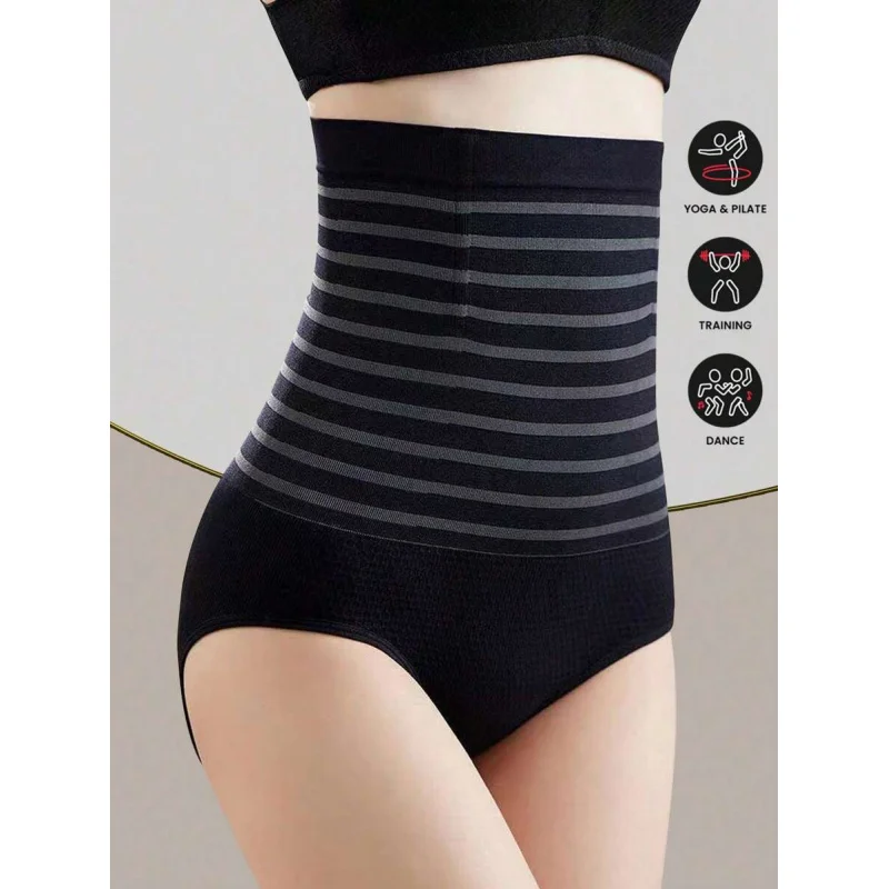 High Waist Striped Patchwork Women Shapewear Pants, Soft Bone Non-Roll Edge High Waist Knitted Tummy Control Pants