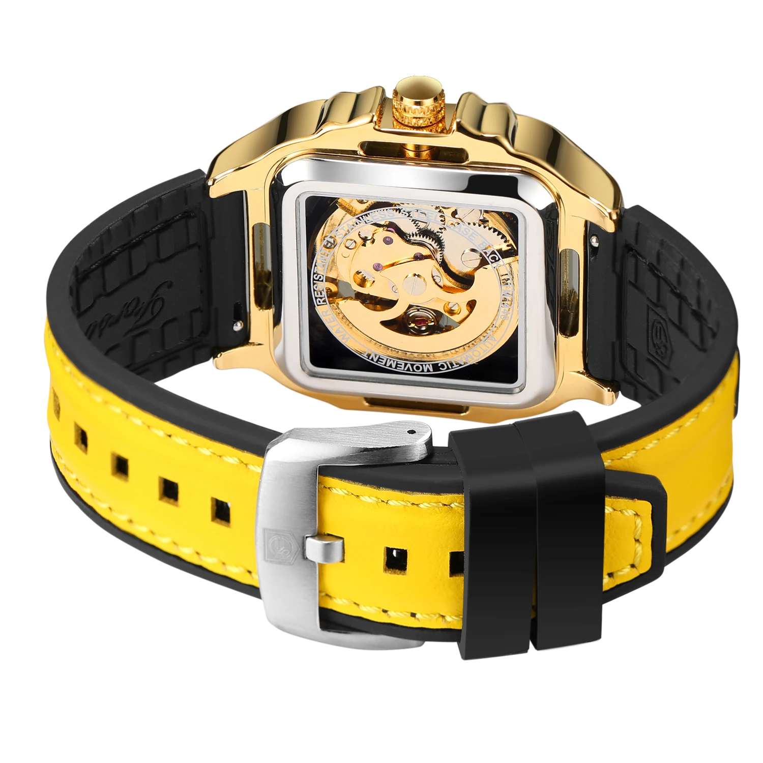 FORSINING الأصلي مربع الهيكل العظمي الميكانيكية رجل ساعات المعصم الحركة التلقائية مجال الرياضة مقاوم للماء سيليكون طبق الاصل ساعة #3