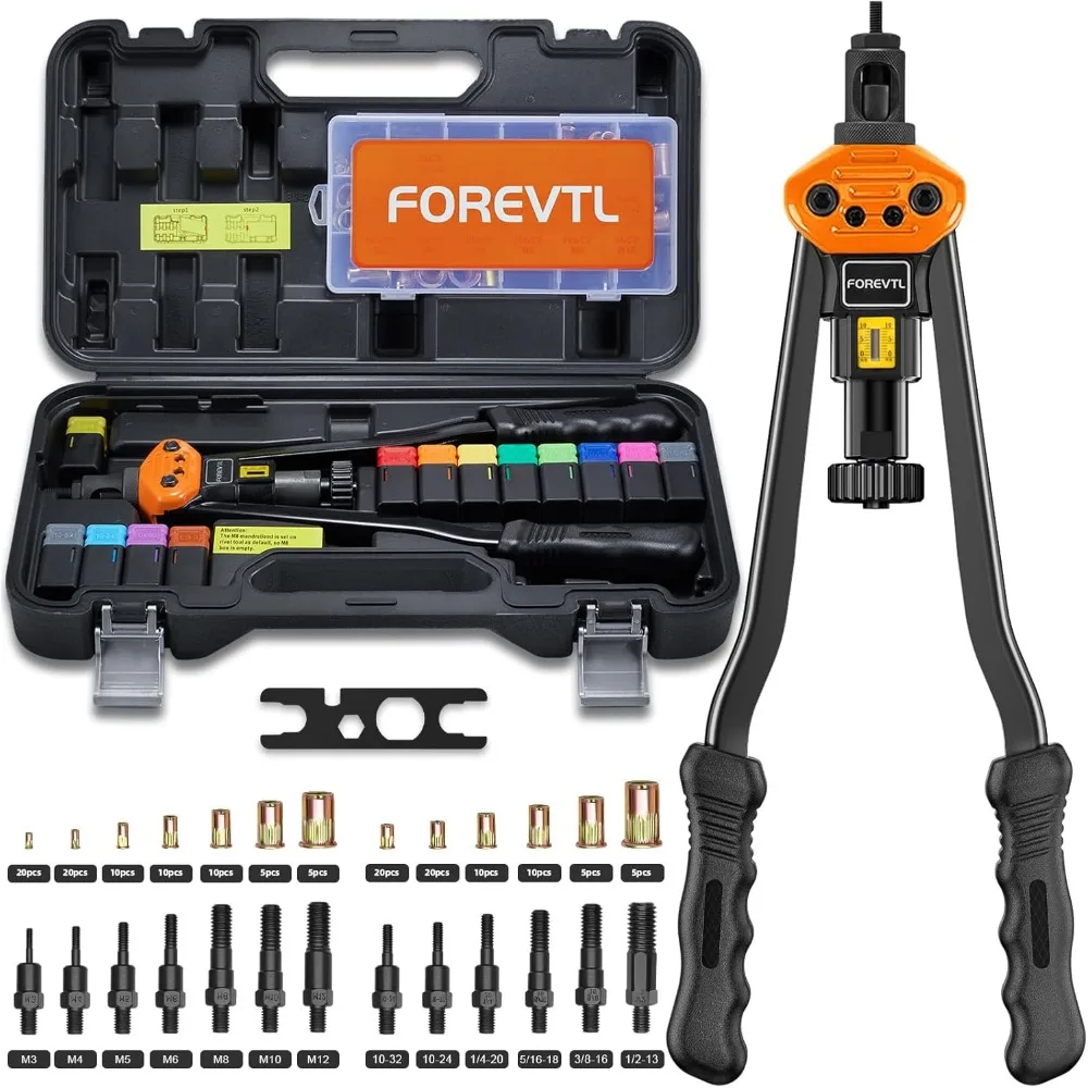 

Полный набор инструментов для заклепок из 16 предметов с 13 метрическими оправками SAE, ассортимент заклепок из 150 предметов, прочный футляр для хранения